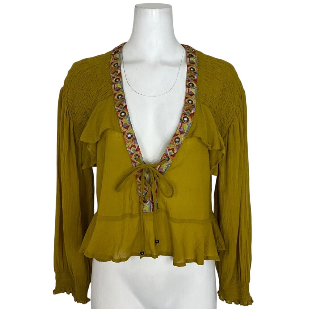 Anthropologie Embellished Grommet Ruffled Blouse XS Maize
